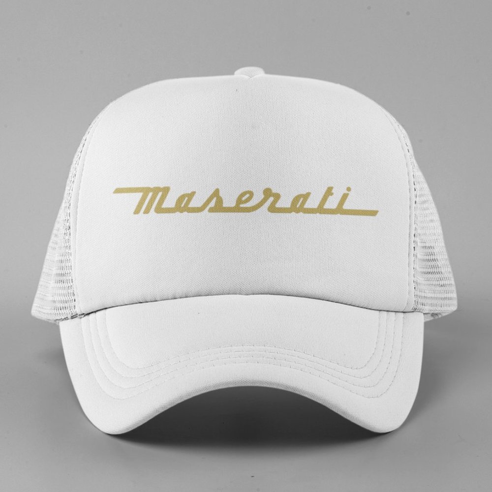 NEW Maserati Car Gold Script Wordmark Logo Foam Trucker Mesh Snapback Hat WHITE
